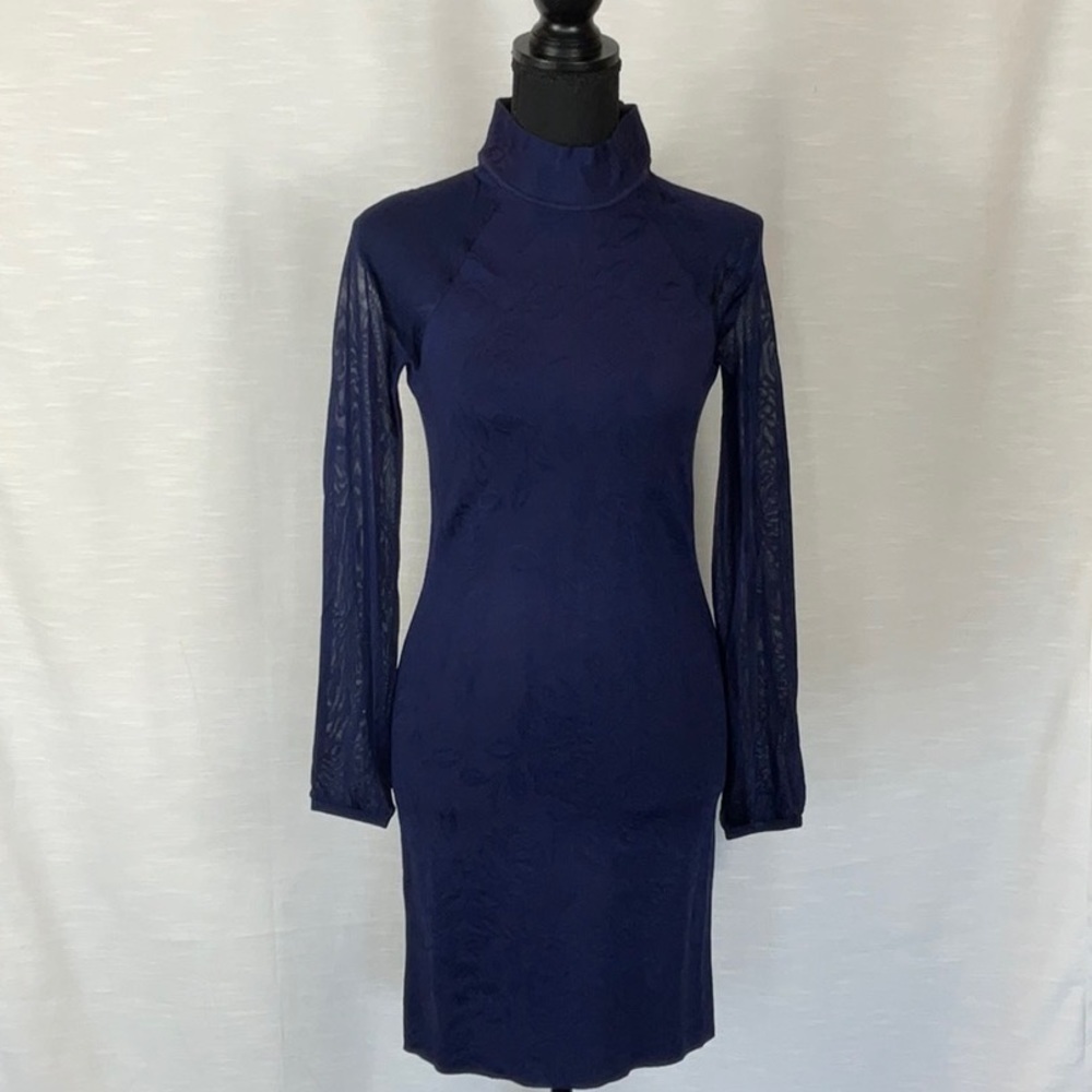 White House Black Market Long Sleeve Sheer Sleeve Sweater Dress Navy